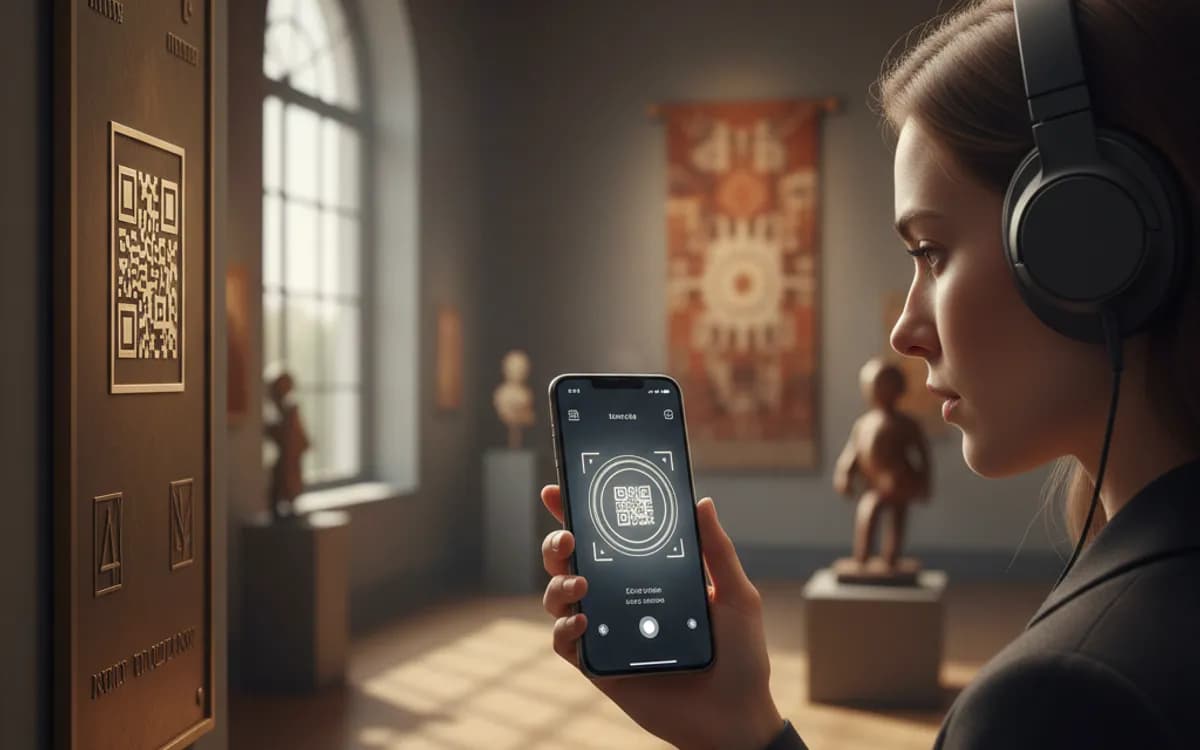 A person scanning a audio QR code with a smartphone in a real setting
