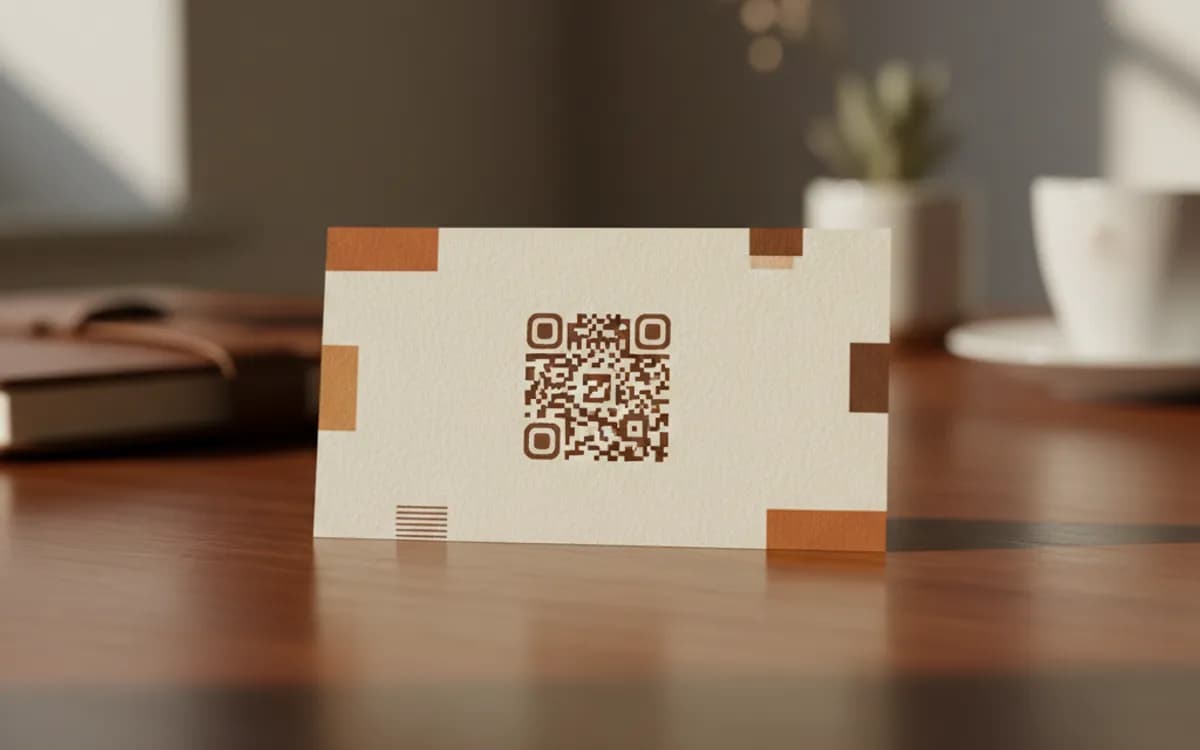 A business card QR code shown on a printed item in a real setting