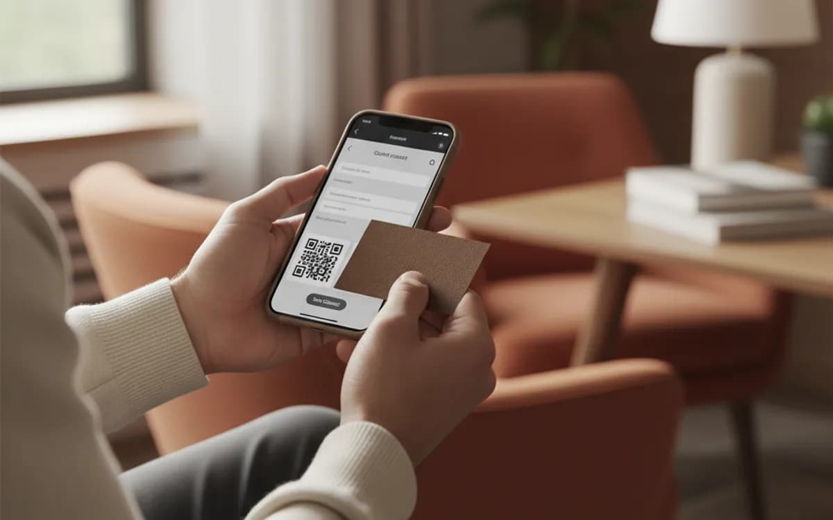 A person scanning a business card QR code with a smartphone in a real setting