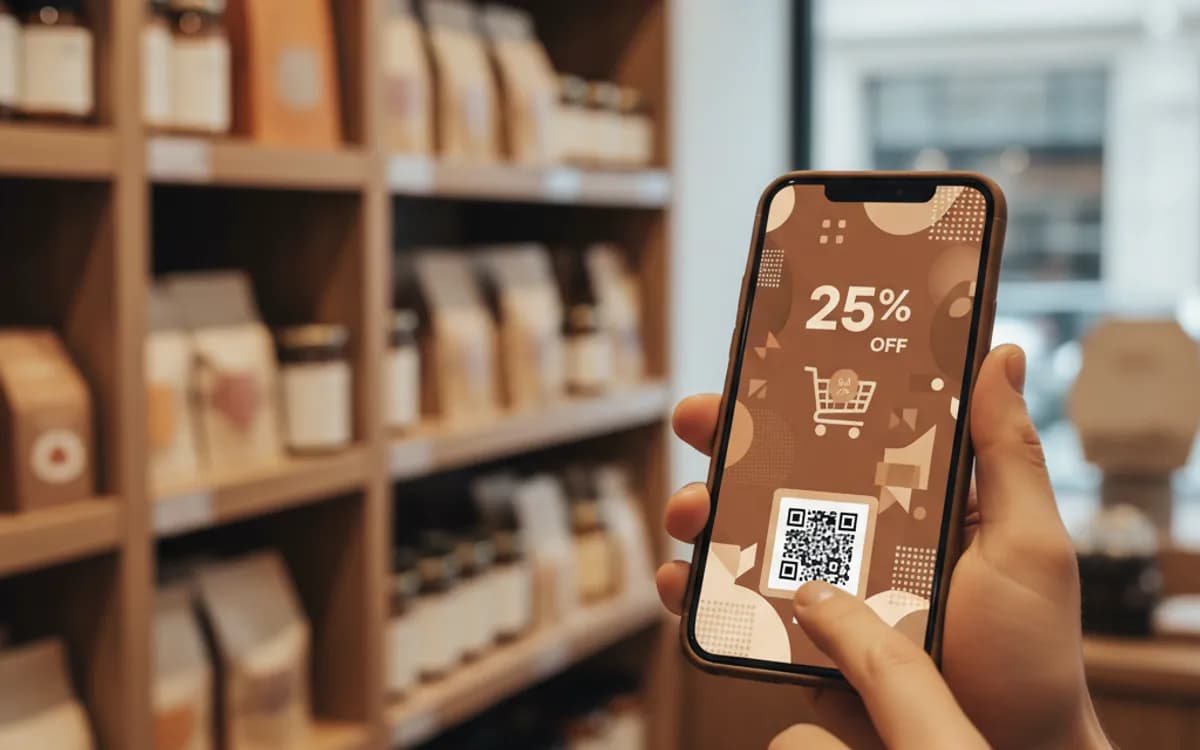 A person scanning a coupon QR code with a smartphone in a real setting