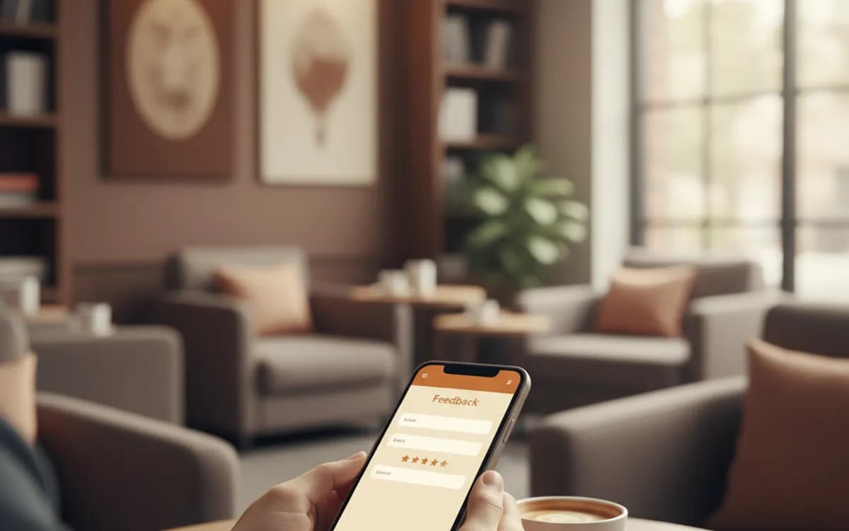 A person scanning a feedback form QR code with a smartphone in a real setting