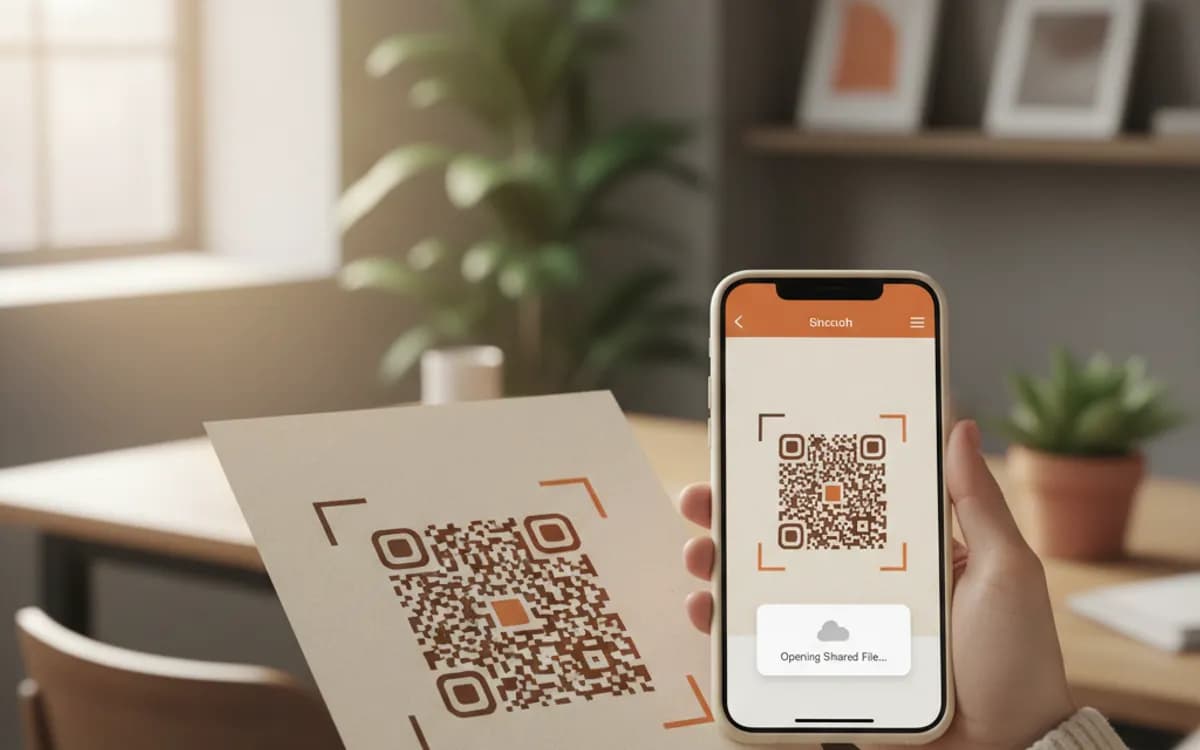 A person scanning a Google Drive QR code with a smartphone in a real setting