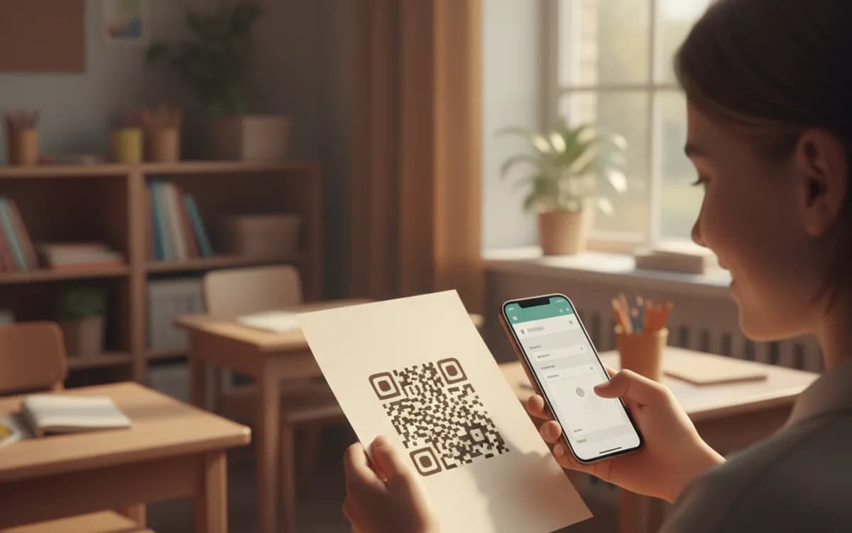A person scanning a Google Form QR code with a smartphone in a real setting
