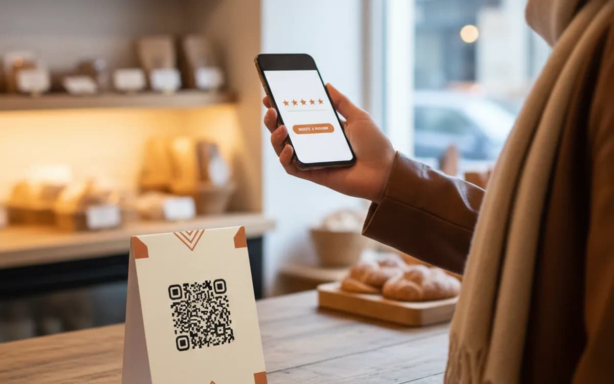 A person scanning a Google review QR code with a smartphone in a real setting