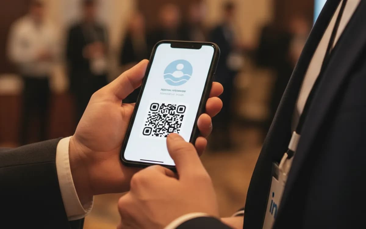 A person scanning a LinkedIn QR code with a smartphone in a real setting