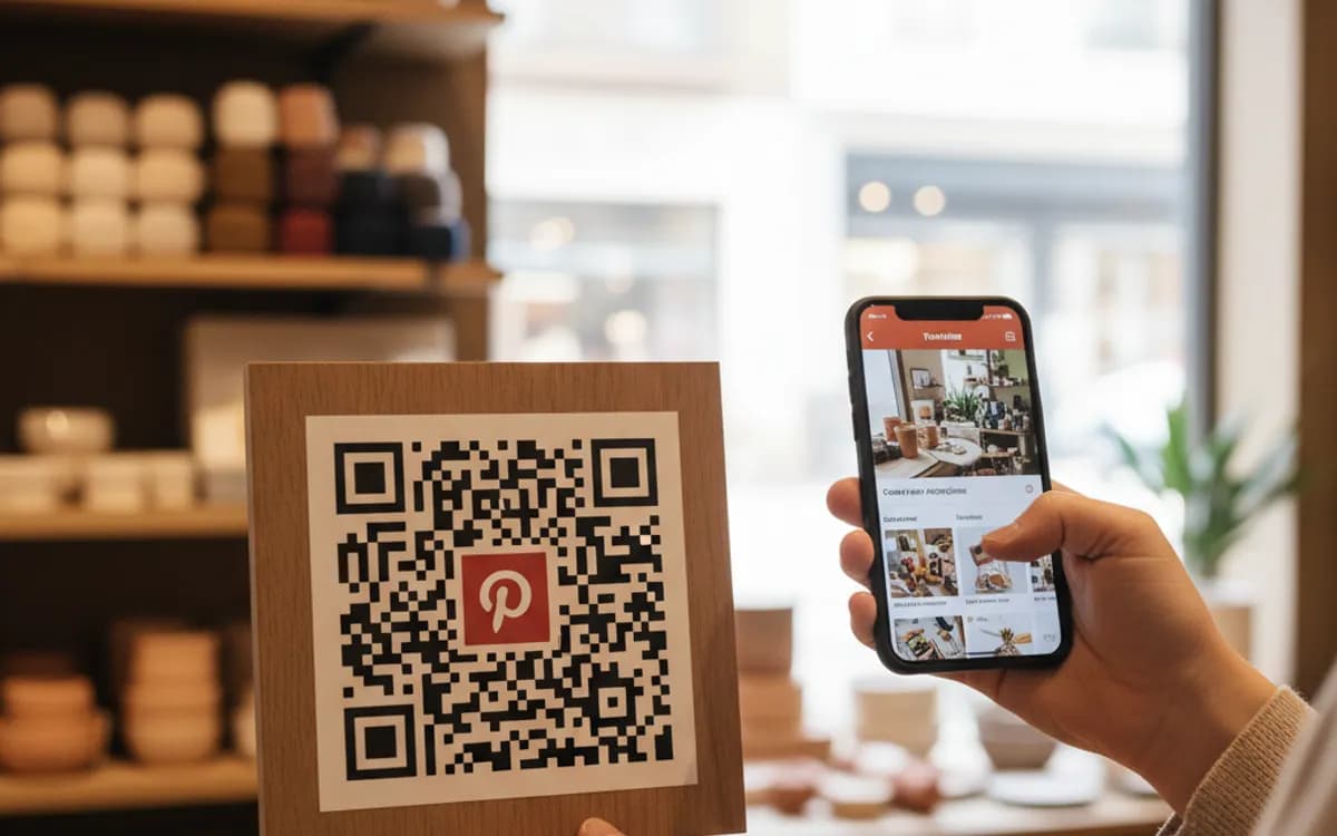 A person scanning a Pinterest QR code with a smartphone in a real setting