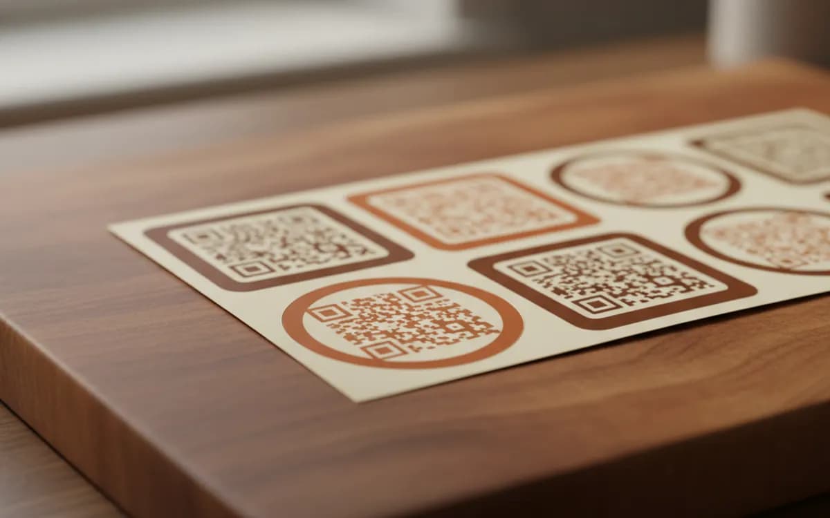 A sticker QR code shown on a printed item in a real setting