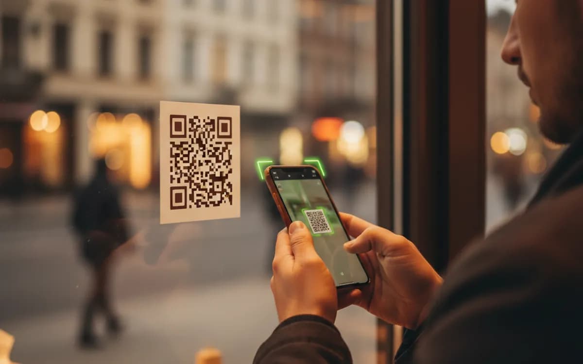 A person scanning a sticker QR code with a smartphone in a real setting