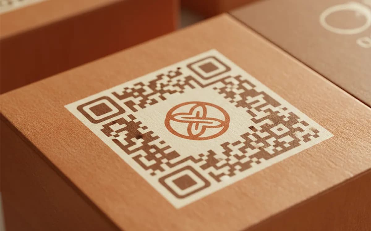 A branded logo QR code shown on a printed item in a real setting