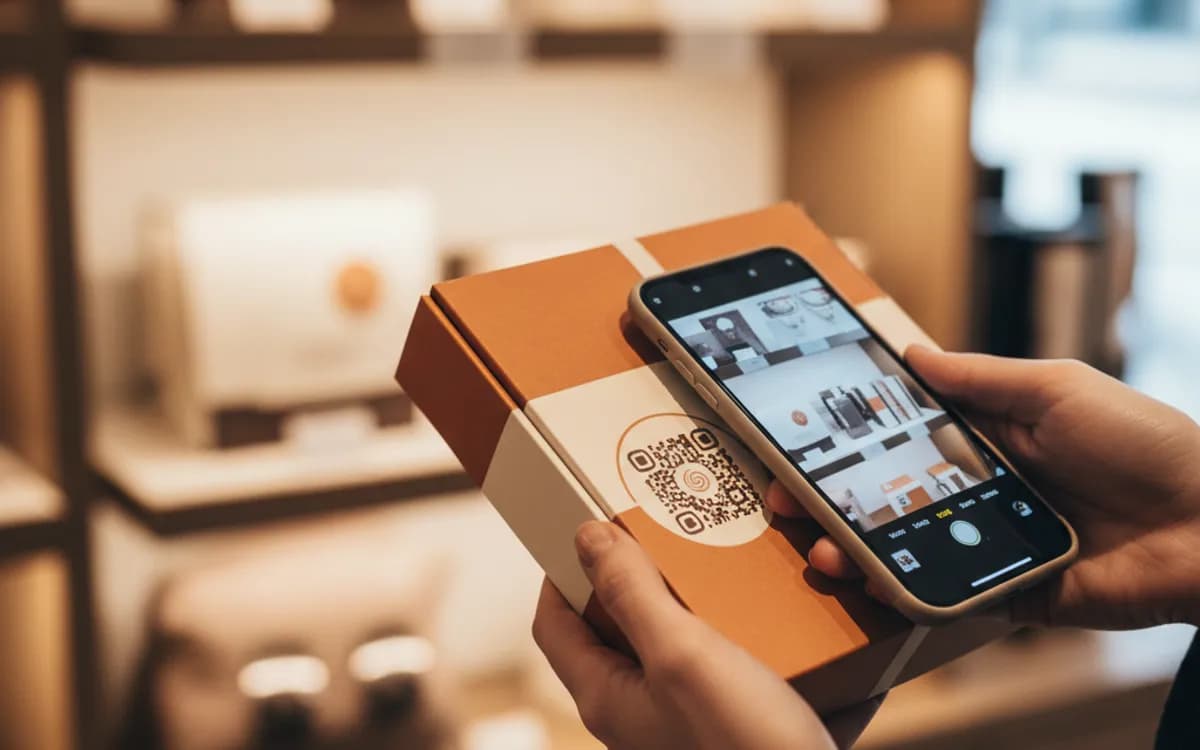 A person scanning a branded logo QR code with a smartphone in a real setting