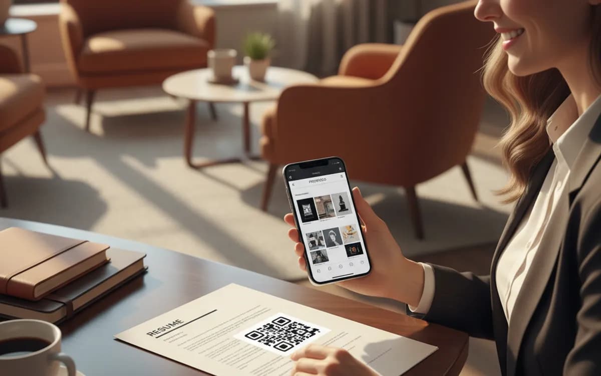 A person scanning a resume QR code with a smartphone in a real setting