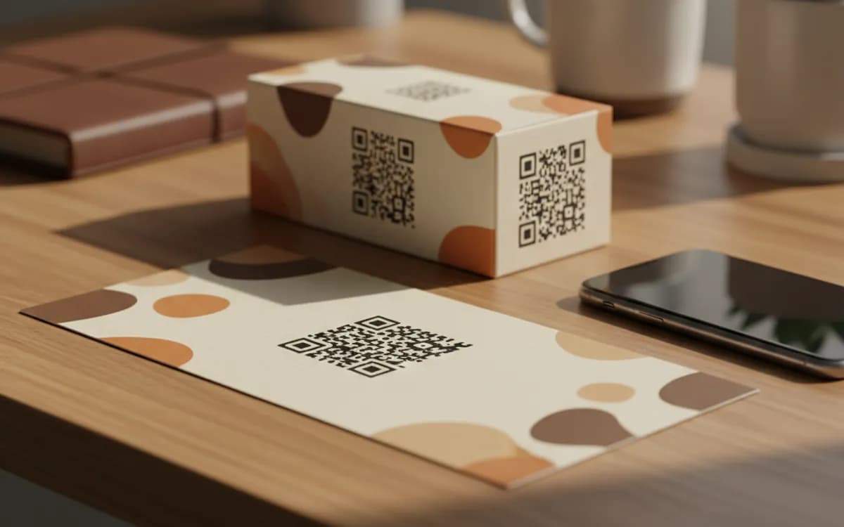 QR codes linking to a website printed on product packaging and a flyer on a warm wooden desk