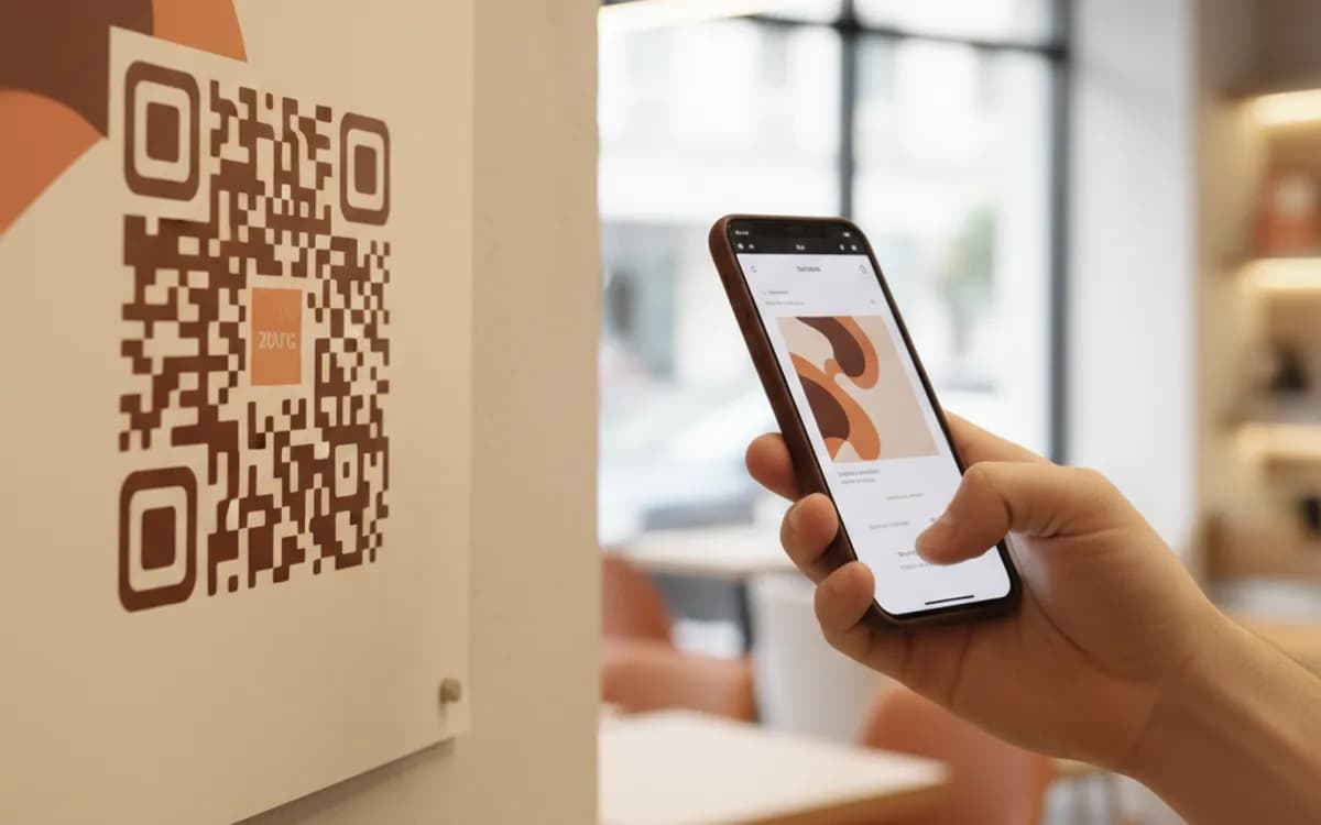A person scanning a QR code on a wall poster with a smartphone that is opening a website