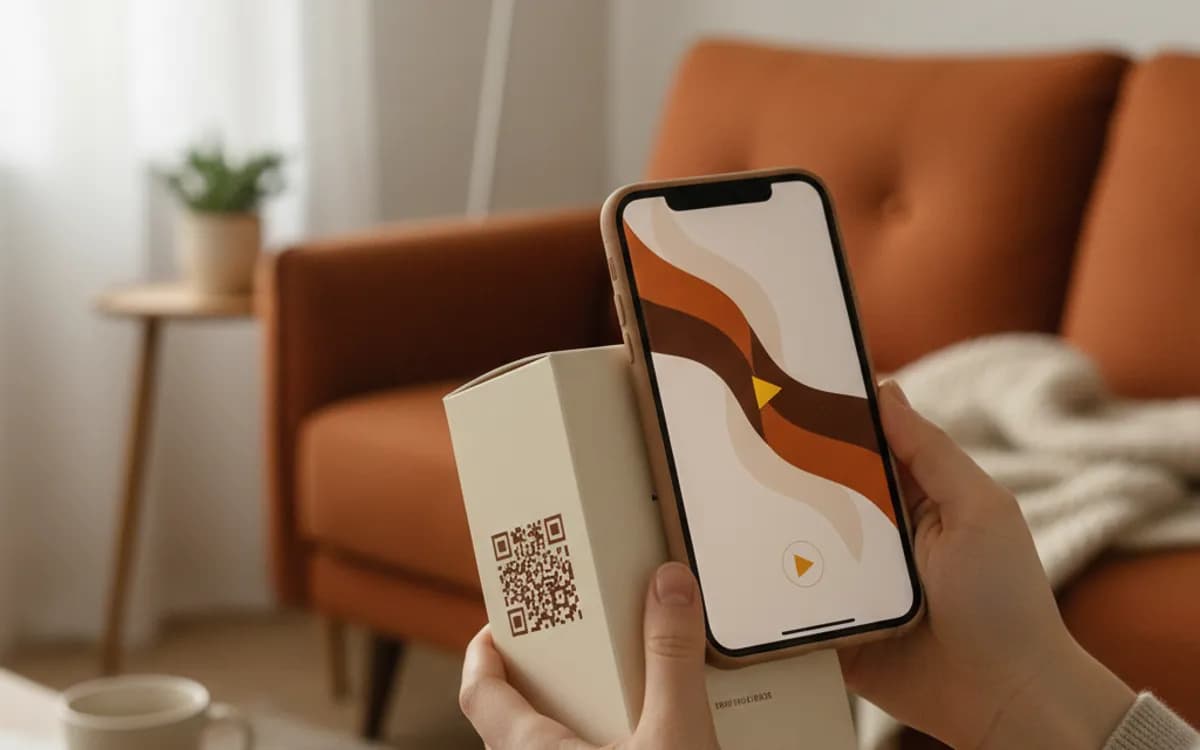 A person scanning a video QR code with a smartphone in a real setting
