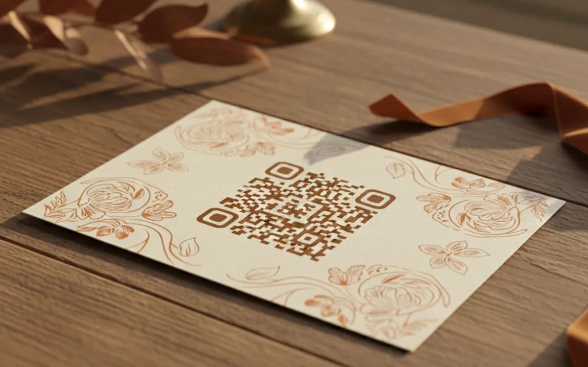 A wedding QR code shown on a printed item in a real setting