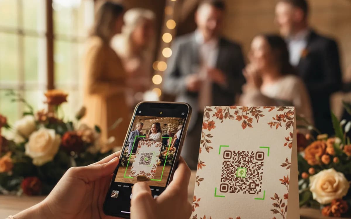 A person scanning a wedding QR code with a smartphone in a real setting