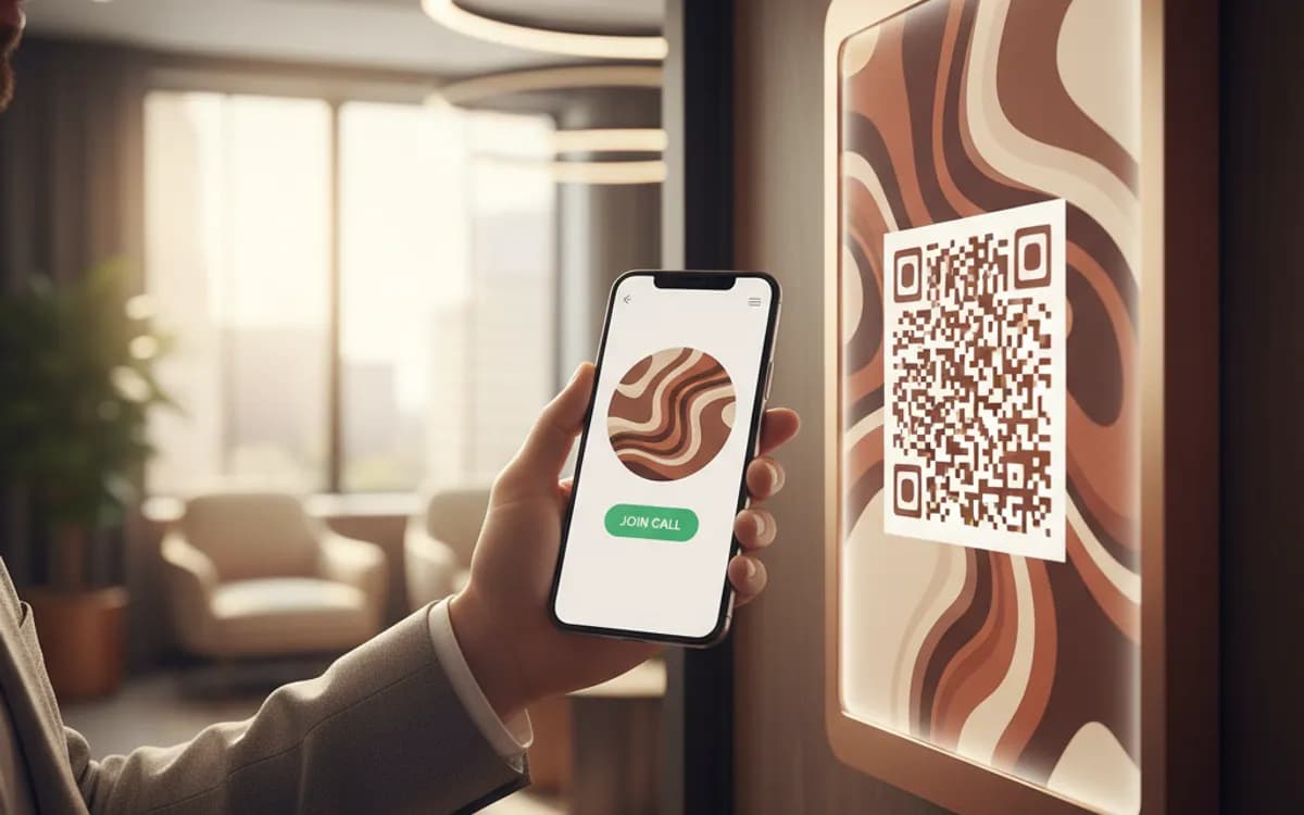 A person scanning a Zoom meeting QR code with a smartphone in a real setting