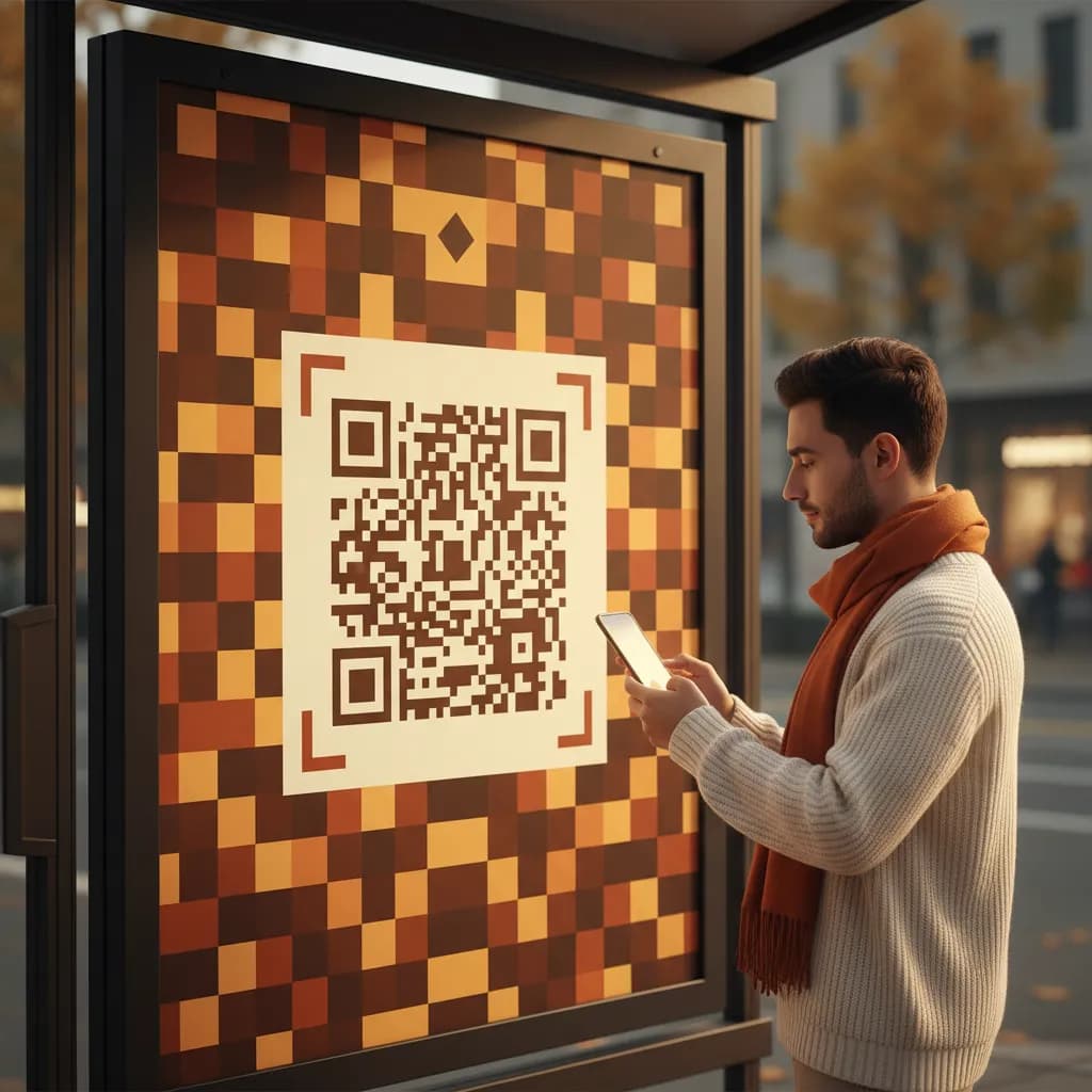A bus-stop transit poster with a QR code, a waiting commuter scanning it with a phone