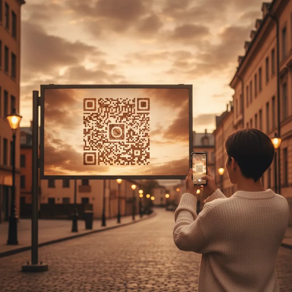 A large outdoor billboard with a prominent QR code, a person on the street scanning it