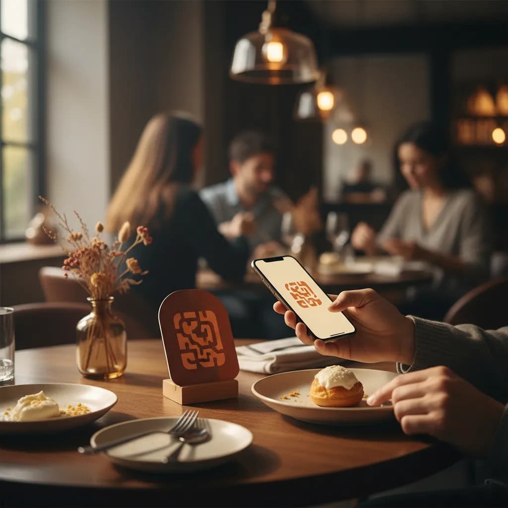 A restaurant table with a QR code payment card, a diner paying by scanning it with a phone