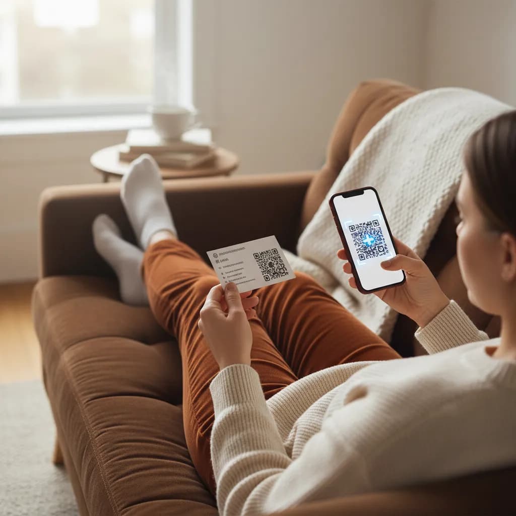 A person at home scanning a QR code on a medical appointment reminder card