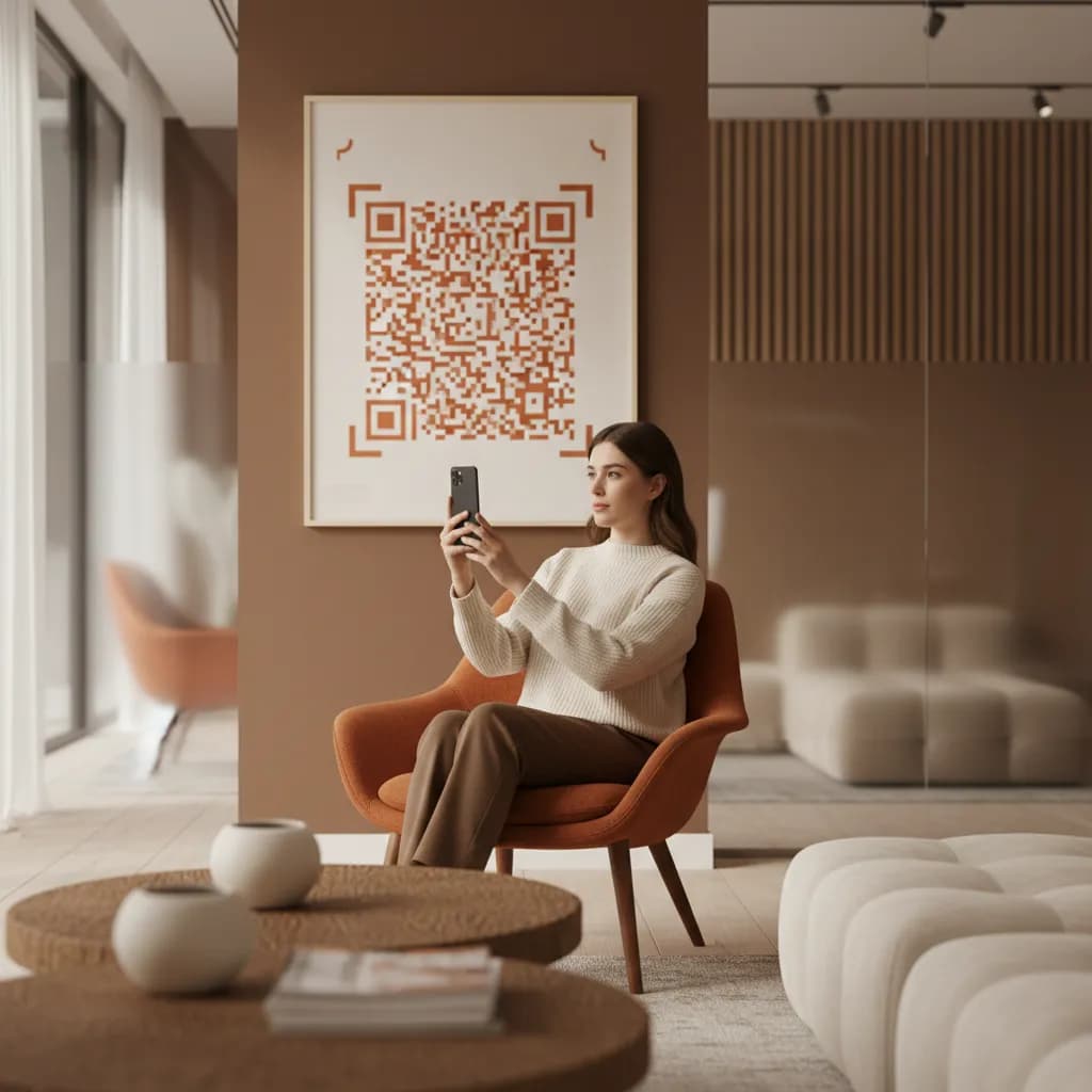 A clinic waiting room with a QR code poster, a seated patient scanning it with a phone