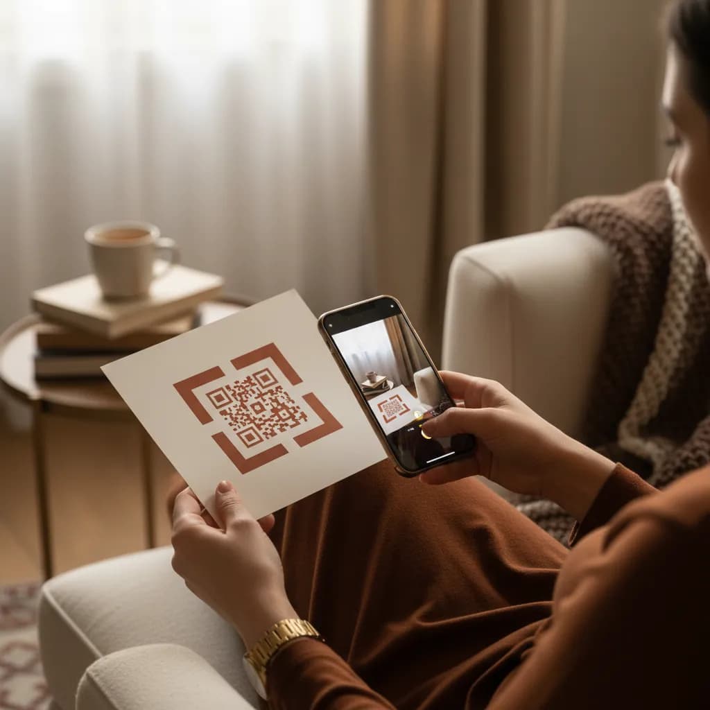 A person at home scanning a QR code on a charity direct-mail letter with a phone