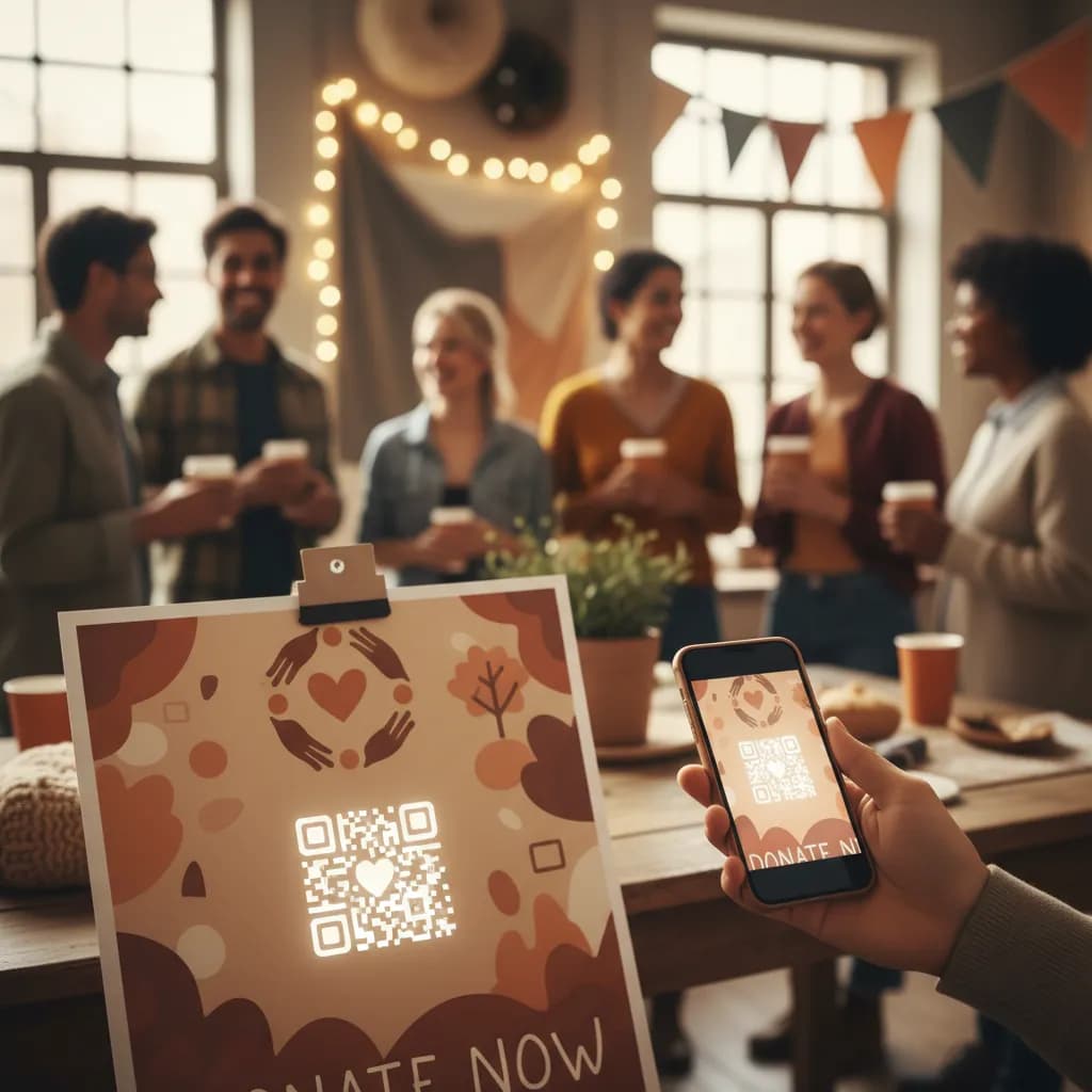 A charity fundraising poster with a donate QR code at an event, a supporter scanning it
