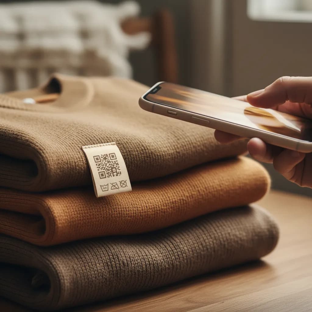 A close-up of a sewn-in fabric care label with a small QR code on folded clothing being scanned