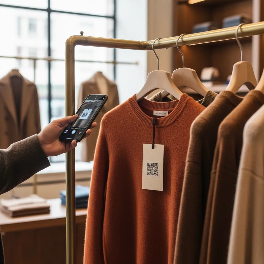 A garment hang tag with a QR code in a clothing store, a shopper scanning it with a phone