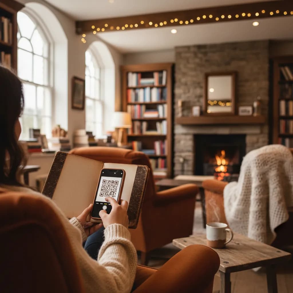 A cozy bookshop where a reader scans a QR code printed inside a book cover