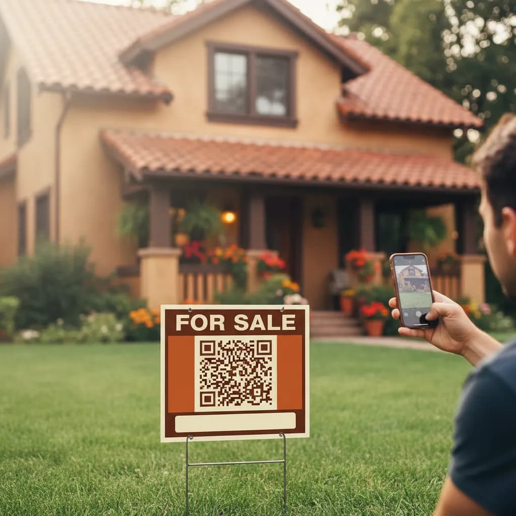A For Sale real-estate yard sign with a QR code outside a house, a buyer scanning it with a phone