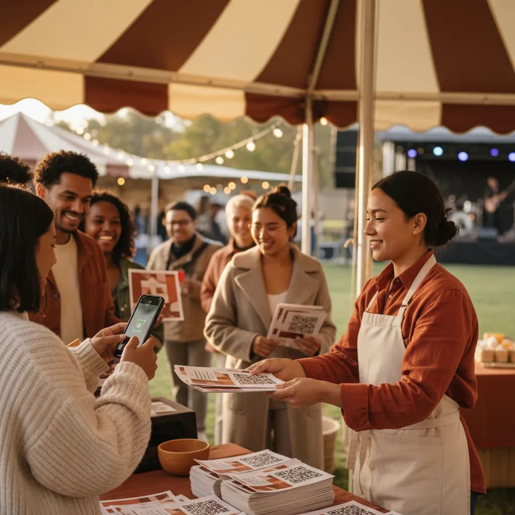 A volunteer handing out QR code flyers at a busy local event while someone scans one