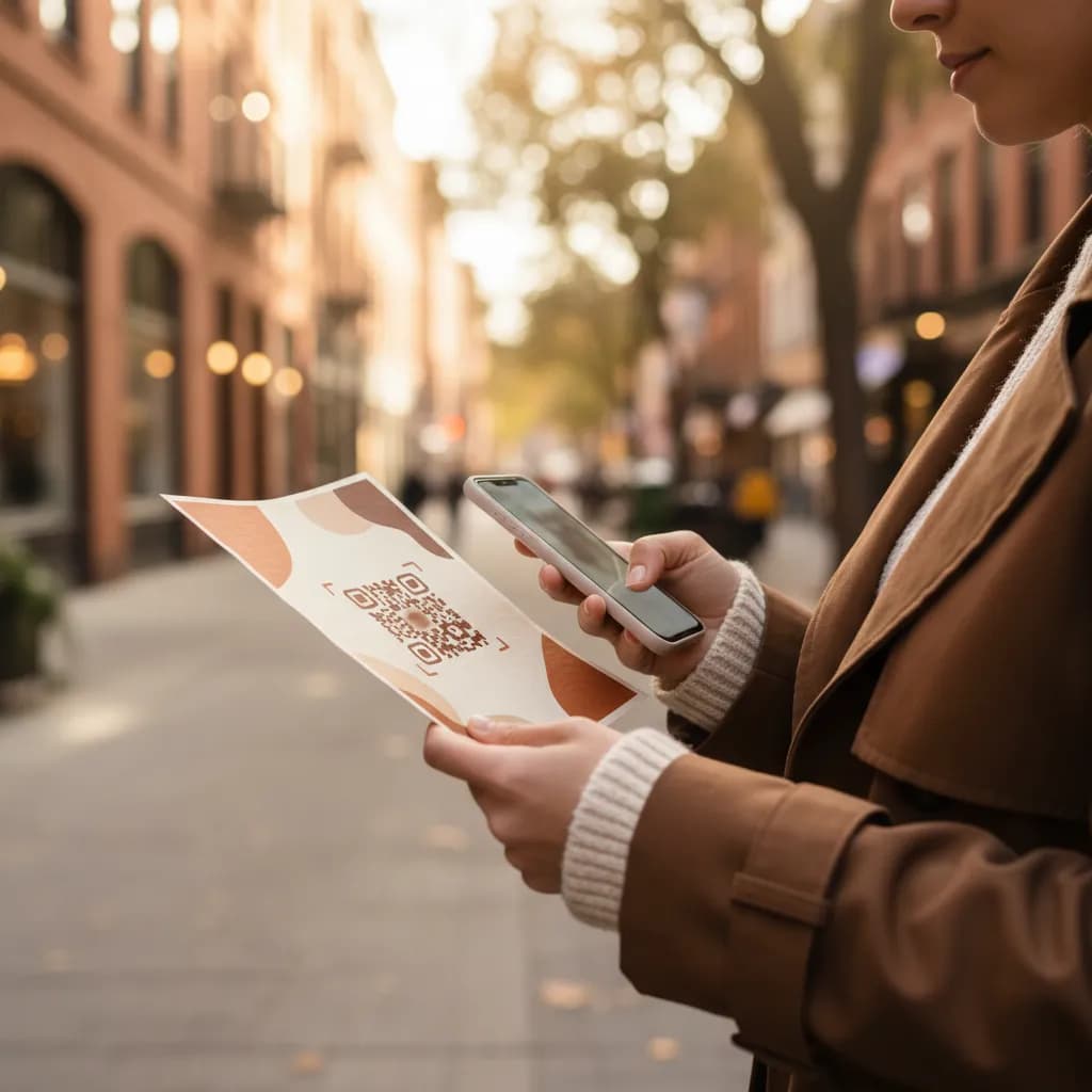 A person on a city street scanning a QR code on a printed marketing flyer with a smartphone