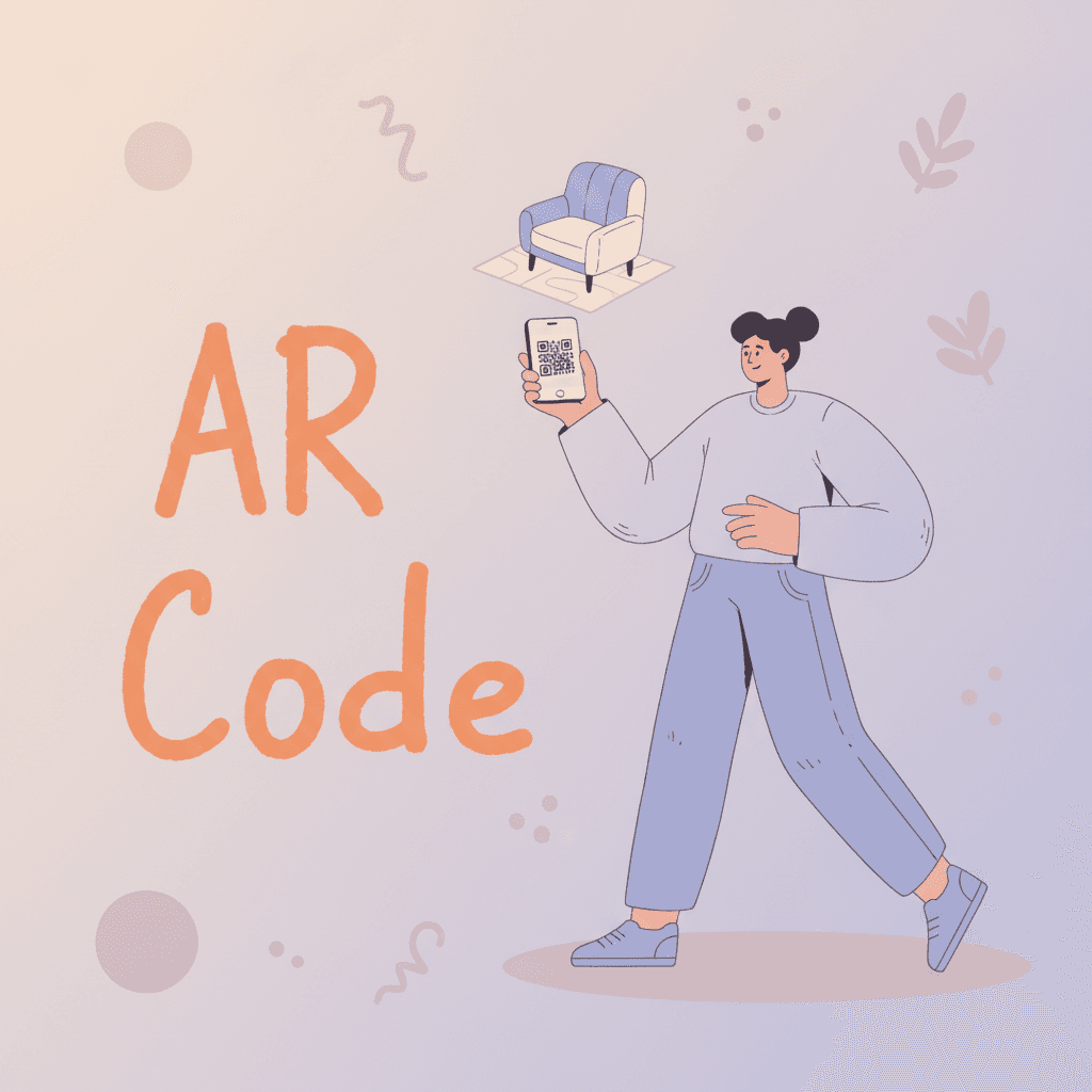 AR code illustration: a person scans a QR code with a phone and a 3D armchair appears in augmented reality