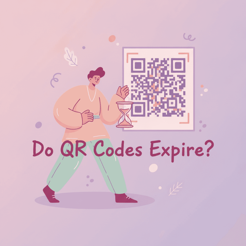 Do QR codes expire? Illustration of a person with an hourglass beside a printed QR code