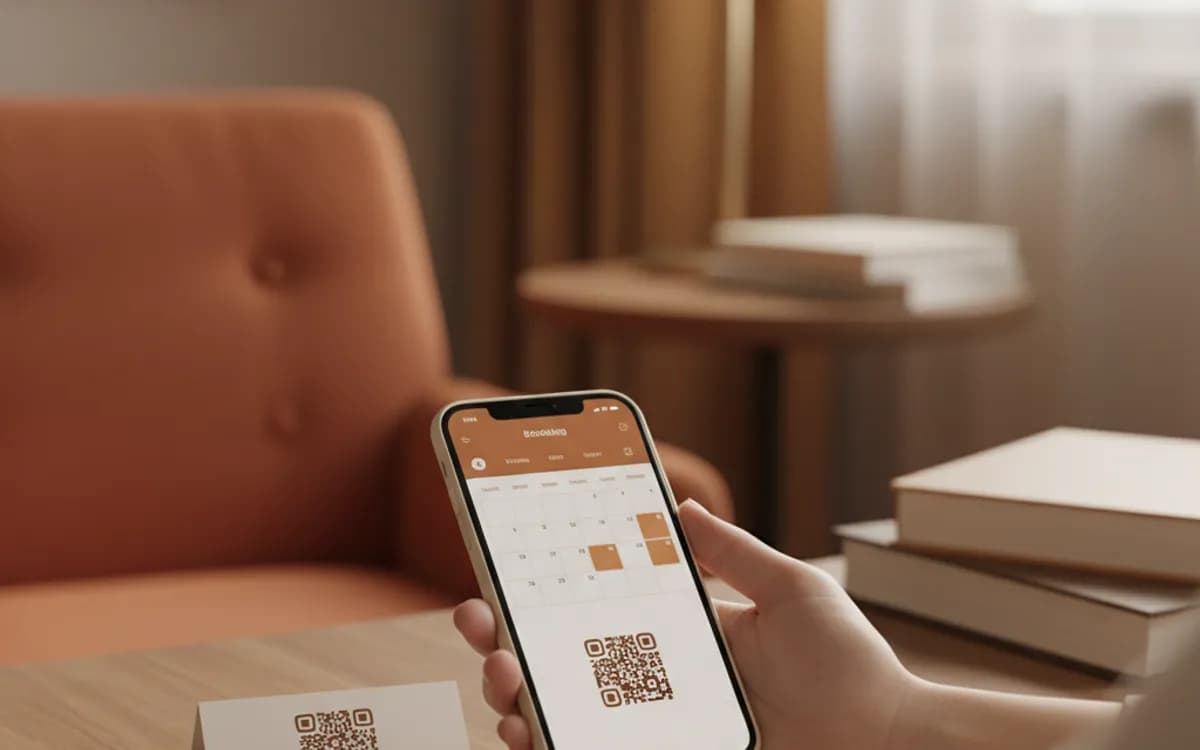 A person scanning a Calendly booking QR code with a smartphone in a real setting