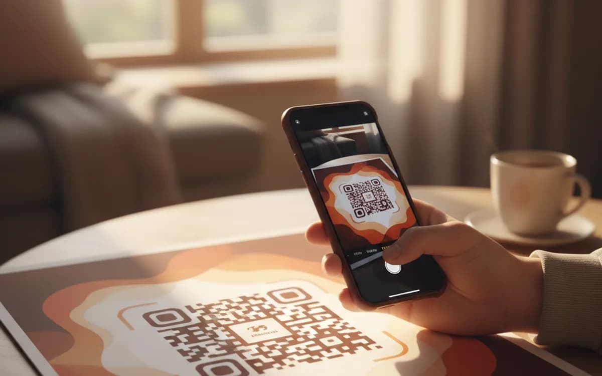 A person scanning a colored QR code with a smartphone in a real setting