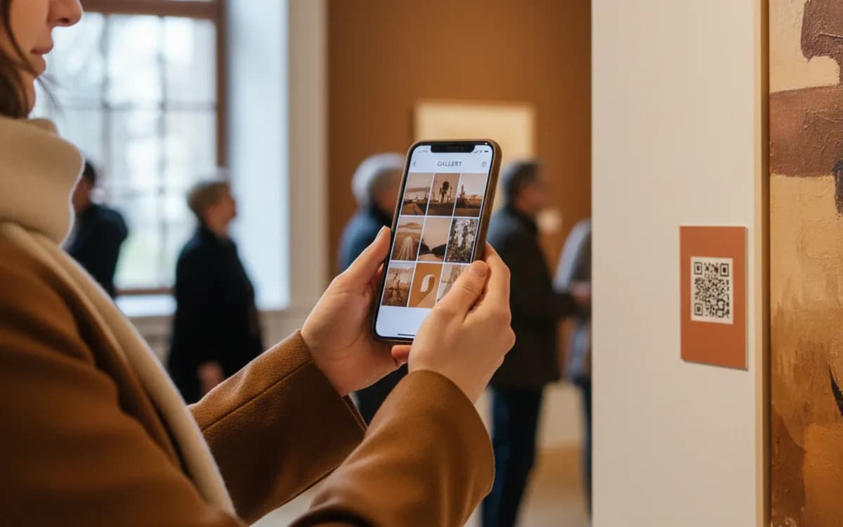 A person scanning a image gallery QR code with a smartphone in a real setting
