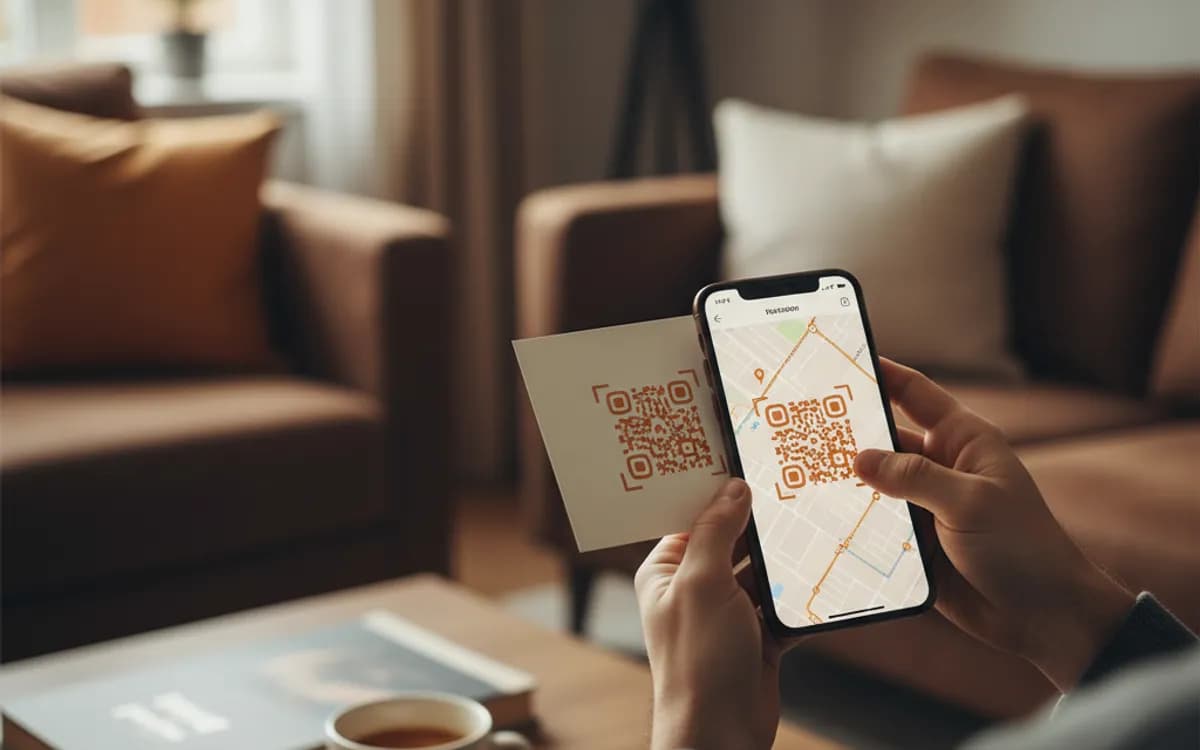 A person scanning a location QR code with a smartphone in a real setting