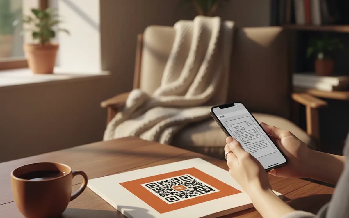 A person scanning a PDF QR code with a smartphone in a real setting
