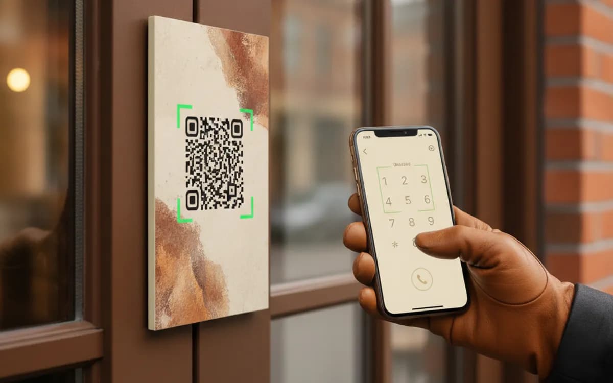 A person scanning a click-to-call QR code with a smartphone in a real setting