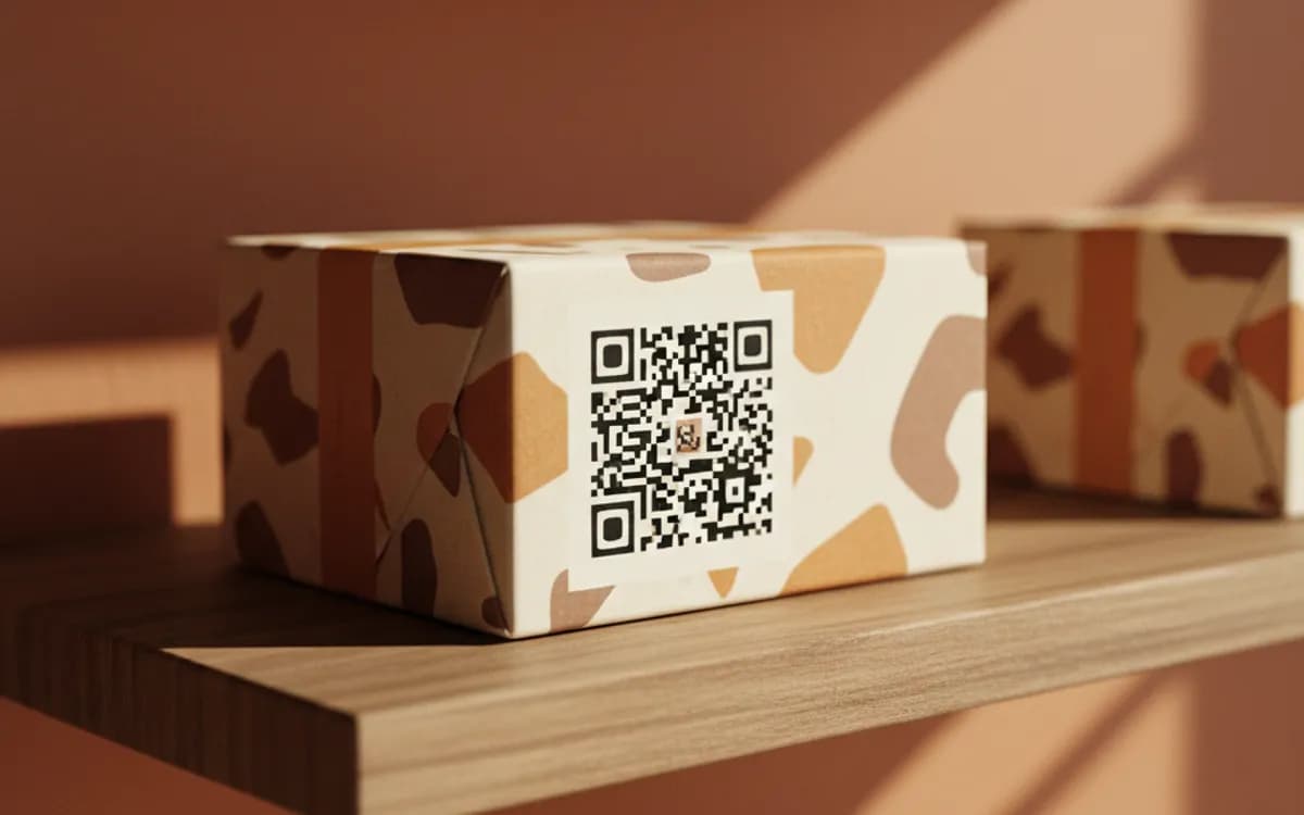 A product info QR code shown on a printed item in a real setting