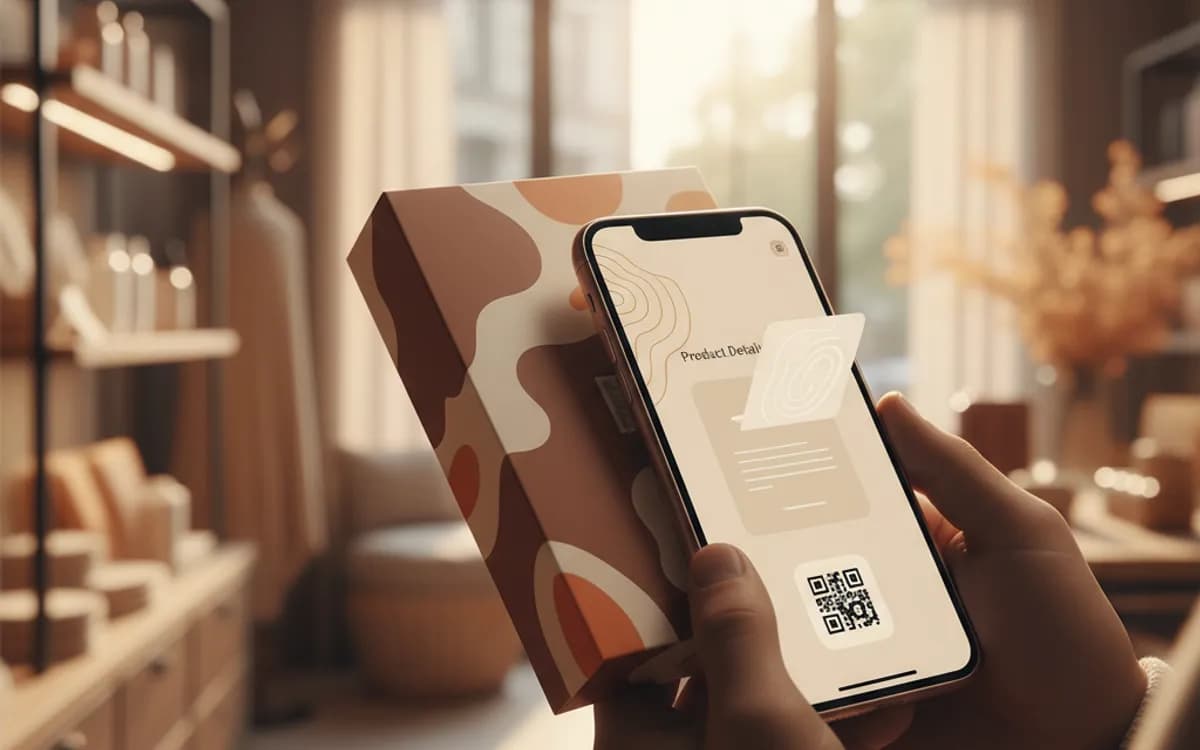 A person scanning a product info QR code with a smartphone in a real setting