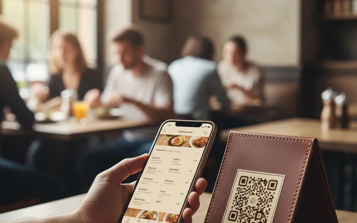 A person scanning a restaurant menu QR code with a smartphone in a real setting