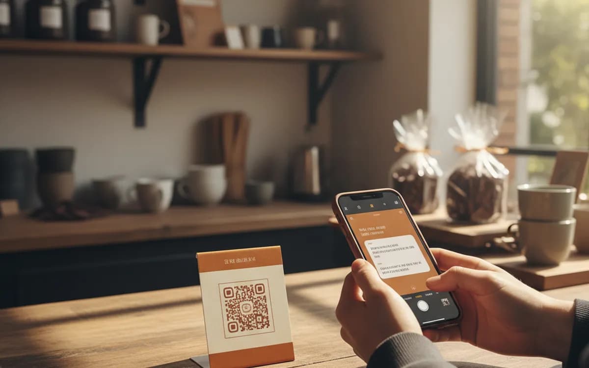 A person scanning a text message QR code with a smartphone in a real setting