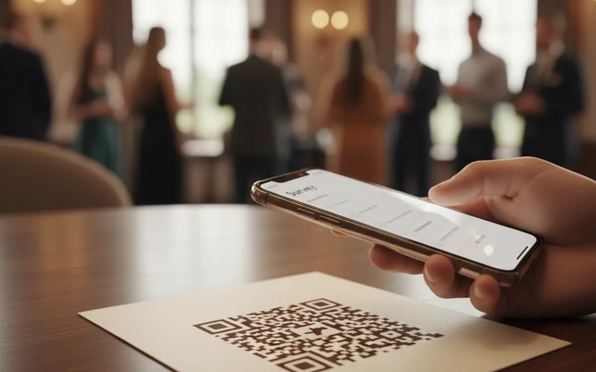 A person scanning a survey QR code with a smartphone in a real setting