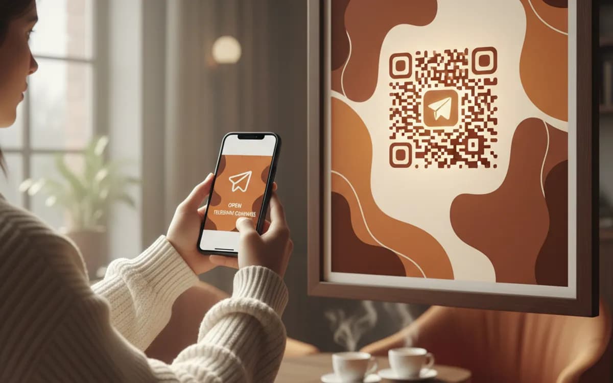 A person scanning a Telegram QR code with a smartphone in a real setting