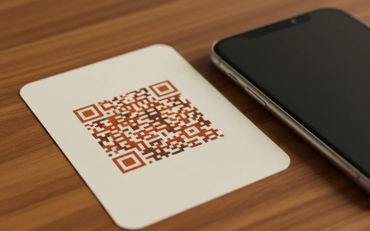 A printed card with a QR code that stores plain text, resting on a warm wooden desk beside a phone