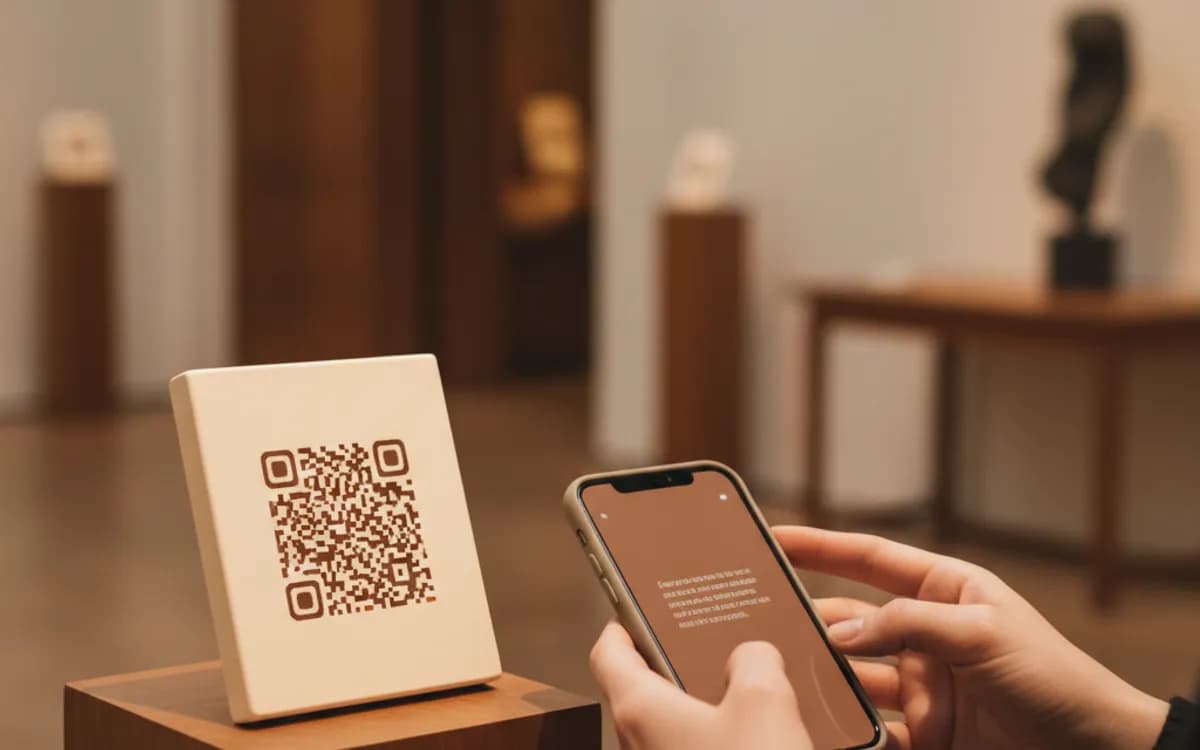 A person scanning a QR code on a gallery exhibit label with a phone that shows plain text on screen